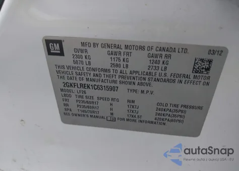 2012 GMC Terrain Sle-1 z USA, uszkodzony, nr VIN 2GKFLREK1C6315907